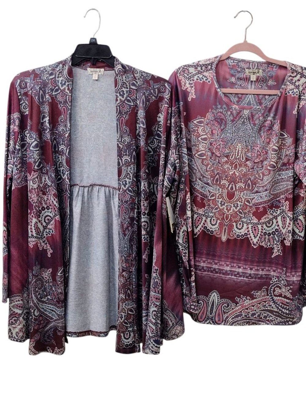 One World Long Sleeve Top & Peplum Cardigan Set, Size 2X, Burgundy Paisley